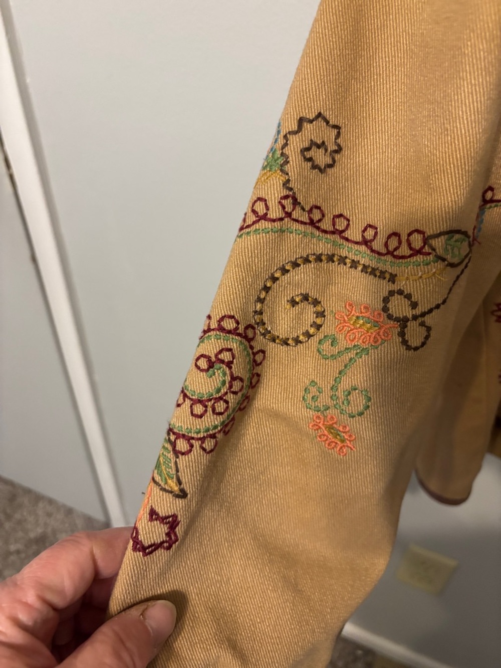 Denim & Co. Embroidered Tan Jacket with Brown Trim - Picture 7 of 13
